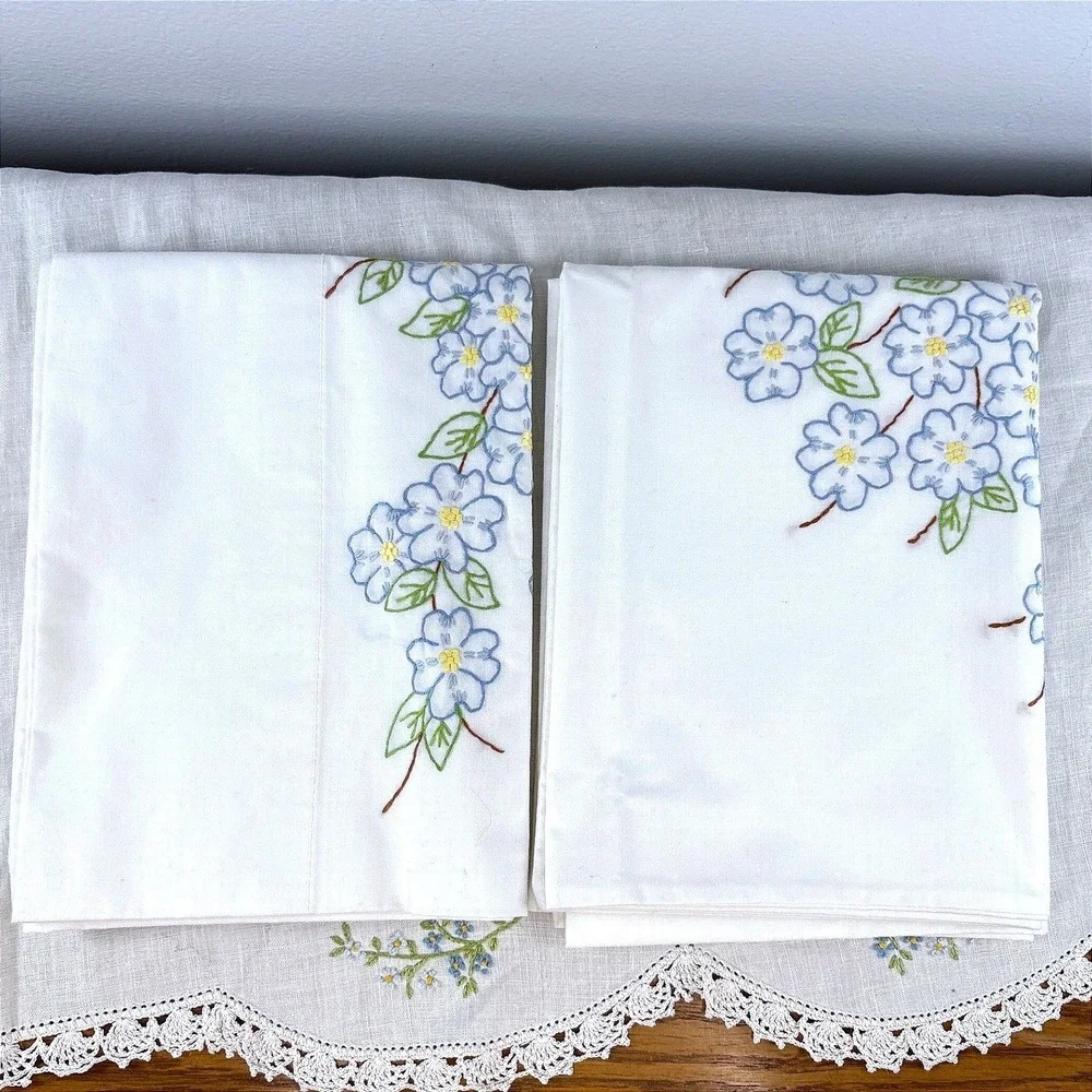 Vintage Hand Embroidered Blue Floral White Cotton Pillowcase Pair Set of 2
